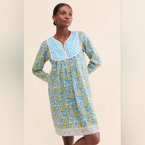 SZ Blockprints Anthropologie Jaipur Shift Dress Blue Floral Cotton Women's Small